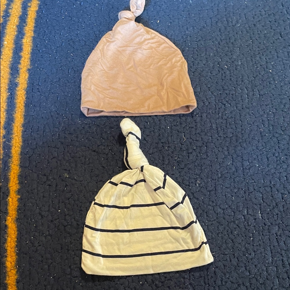 Lou Lou Kids Knotted Beanie Set - Tan and Cream Striped bundle of 2